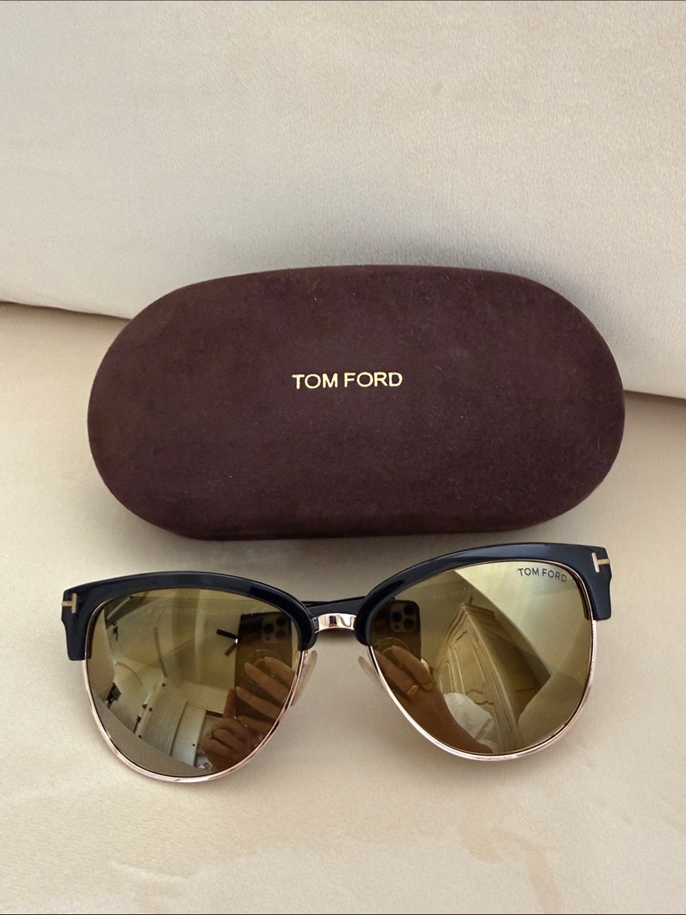 Tom Ford Black and Gold Semi-Rim Cat-Eye Sunglasses
